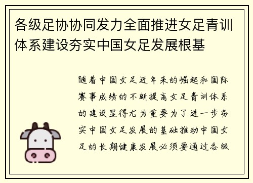 各级足协协同发力全面推进女足青训体系建设夯实中国女足发展根基